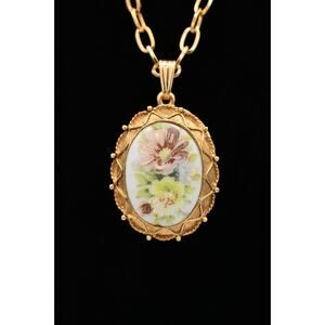Luzier Vintage Floral Necklace Hand Painted Enamel Pendant Locket Signed BinAU
